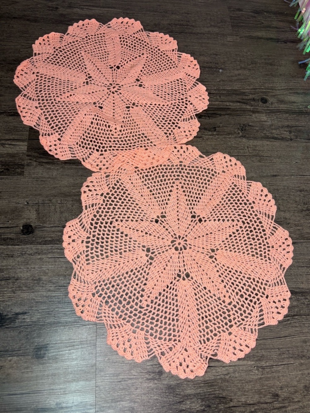 Vintage Handmade Crochet Doilies - Peach Coral Pair Great Summer Spring Decor